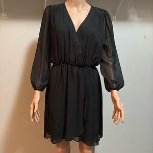 Black v-neck faux-wrap dress with elastic cinched waist size L